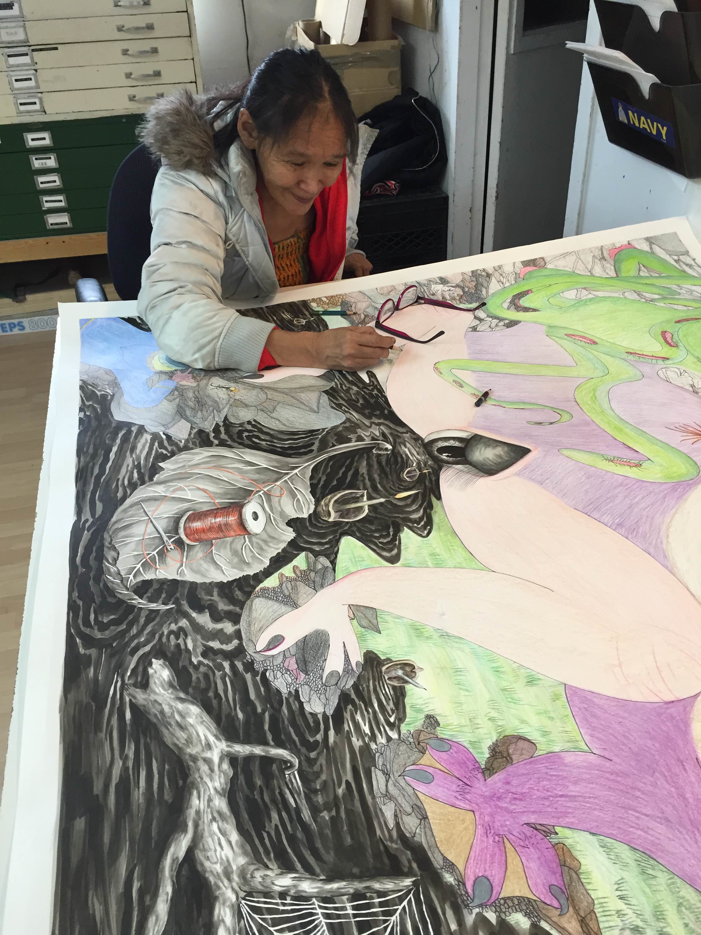 Shuvinai works on InaGodadavida (her title) in the Kinngait drawing studio, Cape Dorset, October 2015
