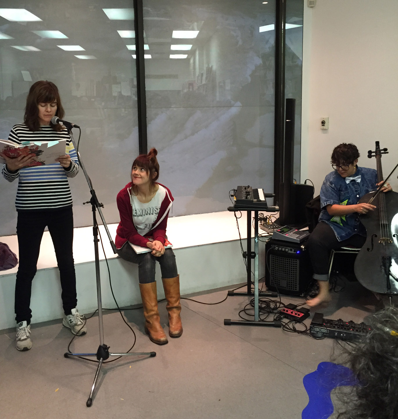 Shary reads, Emily smiles, and Cris Derksen lays down some heavy pedal cello. Art Metropole book launch for The Illuminations Project, Toronto, October 24, 2015